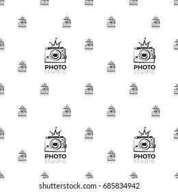 Vector photo studio logo with crown seamless pattern. Photography hand drawn design elements, signs, logos, identity, labels, badges, branding objects for business. Black sketch on white background.