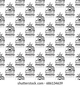 Vector photo studio logo with crown seamless pattern. Photography hand drawn design elements, signs, logos, identity, labels, badges, branding objects for business. Black sketch on white background.