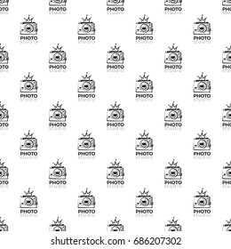 Vector photo studio logo with crown seamless pattern. Photography hand drawn design elements, signs, logos, identity, labels, badges, branding objects for business. Black sketch on white background.