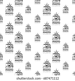 Vector photo studio logo with crown seamless pattern. Photography hand drawn design elements, signs, logos, identity, labels, badges, branding objects for business. Black sketch on white background.