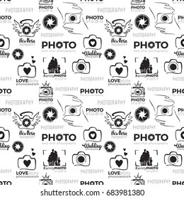 Vector photo studio logo seamless pattern. Photography hand drawn design elements, signs, logos, identity, labels, badges, branding objects for business. Black sketch on white background.