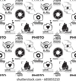 Vector photo studio logo seamless pattern. Photography hand drawn design elements, signs, logos, identity, labels, badges, branding objects for business. Black sketch on white background.