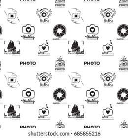 Vector photo studio logo seamless pattern. Photography hand drawn design elements, signs, logos, identity, labels, badges, branding objects for business. Black sketch on white background.