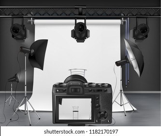 Vector photo studio with white roll-up screen, digital camera, spotlights and softboxes on tripod stands. Concept background, interior with modern lighting equipment for professional photography