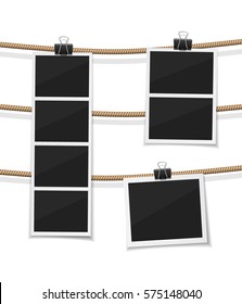 vector photobooth and photo hanged on a rope. Instant retro photos on a thread. Remember the moment