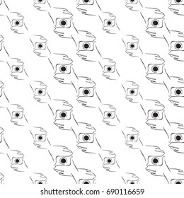 Vector photocamera logo with hands seamless pattern. Photography and photo studio hand drawn design, signs, logos, identity, badges, branding objects for business. Black sketch on white background.