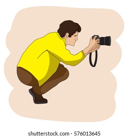 Vector photographer character. Camera and professional operator, correspondent man illustration