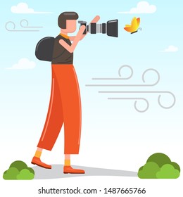 Vector photographer character modern flat style. Camera and professional operator, correspondent man illustration