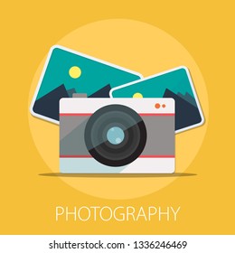 Vector photographer studio illustration, photo gallery and digital camera with "photography" digital multimedia concept