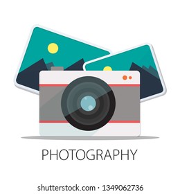 Vector photographer studio illustration, photo gallery and digital camera with "photography" digital multimedia concept