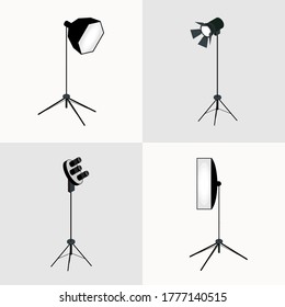 Vector photographer studio lighting equipment icon set. Spotlight and lamp, flash and professional technology photographic. Professional photo studio accessories design elements in flat style.