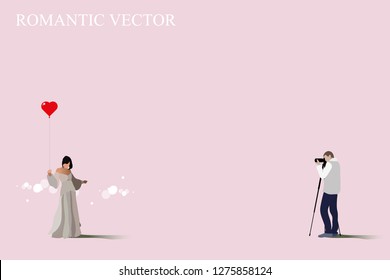 vector photographer take a photo his girlfriend on pink background.red heart shape balloon