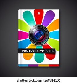 Vector photography book or brochure for cover or portfolio, design template lens in flower