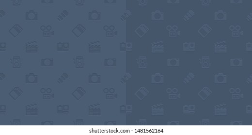 Vector photography camera, cinema or movie camera set low relief seamless pattern background.