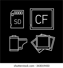 vector photography and camera media from film to instatnt and memory cards types linear icon and infographic | illustrations of gear and equipment for photographers  white isolated on black background