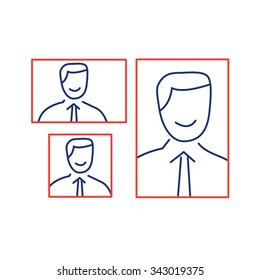 vector photography portrait canvas cropping formats linear icon and infographic | illustrations of gear and equipment for photographers blue and red isolated on white background