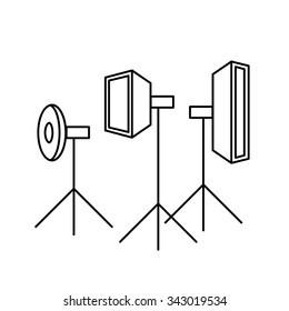 vector photography studio lighting equipment linear icon and infographic | illustrations of gear and equipment for professional photographers and amateurs black isolated on white background