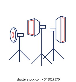 vector photography studio lighting equipment linear icon and infographic | illustrations of gear and equipment for professional photographers and amateurs blue and red isolated on white background