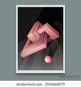 Vector. Photorealistic 3D sphere and striped geometric figure of impossible shape in perspective. Expressive color palette. Modern abstract poster for interior and printing. 