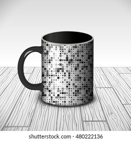 Vector photorealistic black cup with textures made of square on a wood background.. Seamless pattern is in the swatches palette. Gray colors.