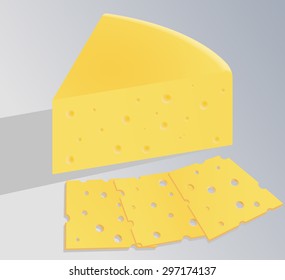 Vector photo-realistic cheese with slices of cheese | Dairy produce | dairy Foods | porous cheese | healthy food | cheese illustration | healthy food | yellow cheese grey background