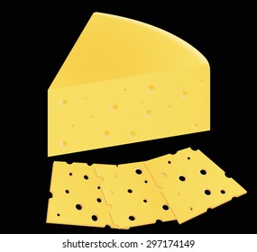 Vector photo-realistic cheese with slices of cheese | Dairy produce | dairy Foods porous cheese | healthy food | cheese illustration | healthy food | yellow cheese black background