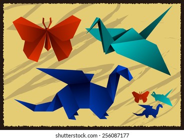 Vector photorealistic colorful origami paper handmade in a frame on the abstract background.