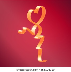 Vector Photorealistic Heart Shape Luxury Glamour Golden Ribbon For Valentine's Day Cards Decoration On Pink Background