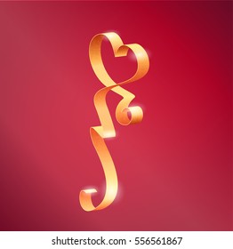 Vector Photorealistic Heart Shape Luxury Glamour Golden Ribbon For Valentine's Day Cards Decoration On Pink Background.