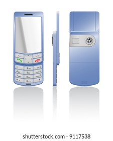 Vector photorealistic illustration of a blue cellphone-slider with white buttons, open