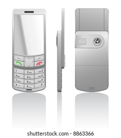 Vector photorealistic illustration of a silver cellphone-slider, open