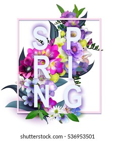 Vector photorealistic spring flowers background.With an inscription spring. Composition of the delicious spring flowers for design of postcards, brochures, banners, flyers, on a plain surface