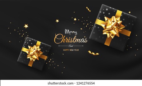Vector photorealistic top view christmas still life. Vector design xmas banner, brochure cover. Merry christmas callygraphy.