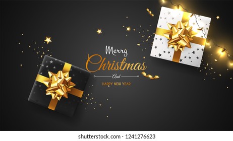 Vector photorealistic top view christmas still life. Vector design xmas banner, brochure cover. Merry christmas callygraphy.