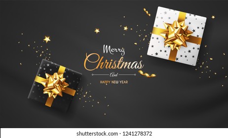 Vector photorealistic top view christmas still life. Vector design xmas banner, brochure cover. Merry christmas callygraphy.