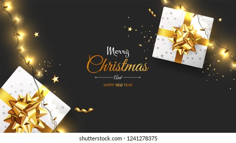 Vector photorealistic top view christmas still life. Vector design xmas banner, brochure cover. Merry christmas callygraphy.