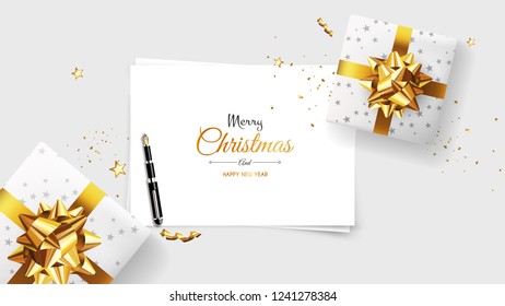 Vector photorealistic top view christmas still life. Vector design xmas banner, brochure cover. Merry christmas callygraphy.