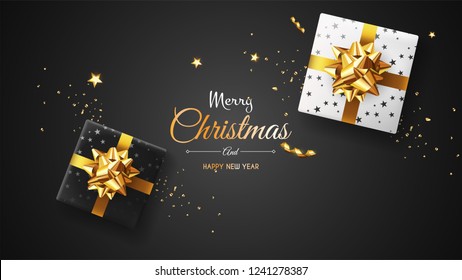 Vector photorealistic top view christmas still life. Vector design xmas banner, brochure cover. Merry christmas callygraphy.