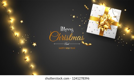 Vector photorealistic top view christmas still life. Vector design xmas banner, brochure cover. Merry christmas callygraphy.