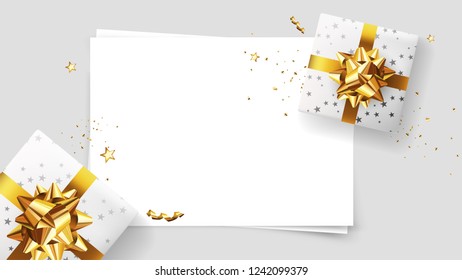 Vector photorealistic top view christmas still life. Vector design xmas banner, empty space on paper for your text, brochure cover. Merry christmas callygraphy. 
