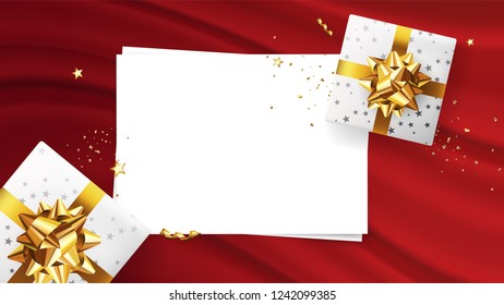 Vector photorealistic top view christmas still life. Vector design xmas banner, empty space on paper for your text, brochure cover. Merry christmas callygraphy. 
