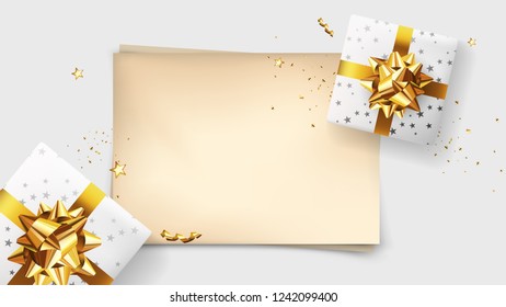 Vector photorealistic top view christmas still life. Vector design xmas banner, empty space on paper for your text, brochure cover. Merry christmas calligraphy. 
