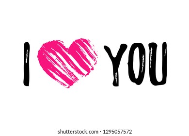 Vector phrase I love You with hand drawn striped pink heart isolated on the white background.