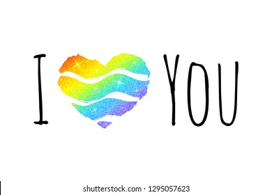 Vector phrase I love You with rainbow glitter heart isolated on the white background.