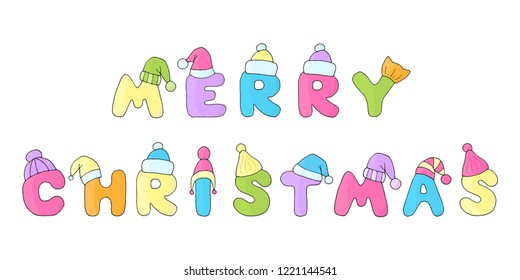 Vector phrase MERRY CHRISTMAS written children's cheerful letters in winter new year hats on a white background