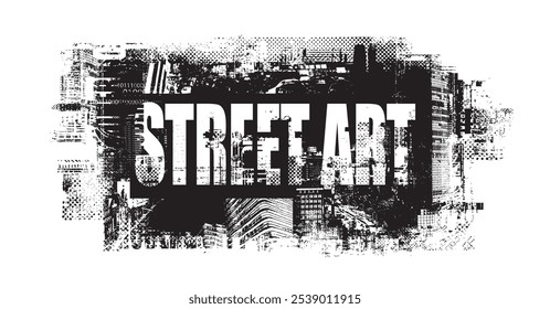 vector phrase street art in grunge style on background of spots and geometric shapes from elements of 
 urban big city architecture. suitable for logo, t-shirt design