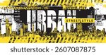 Vector phrase urban crossed by yellow stripe. Street art in grunge style on background of spots and geometric figures from elements of big city architecture. logo, t-shirt design