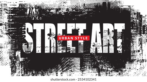 vector phrase urban street art in grunge style on background of spots and geometric shapes from elements of big city architecture. suitable for logo, t-shirt design