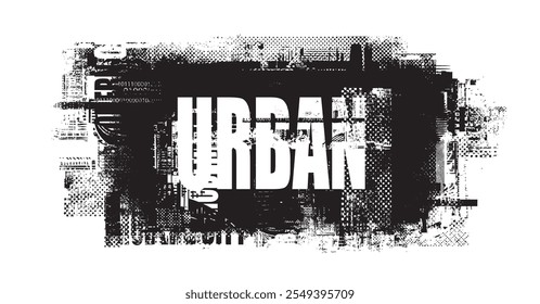 vector phrase urban, street art in grunge style on background of spots and geometric shapes from elements of big city architecture. suitable for logo, t-shirt design