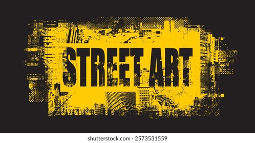 vector phrase urban street art in grunge style on background of spots and geometric shapes from elements of big city architecture. suitable for logo, t-shirt design